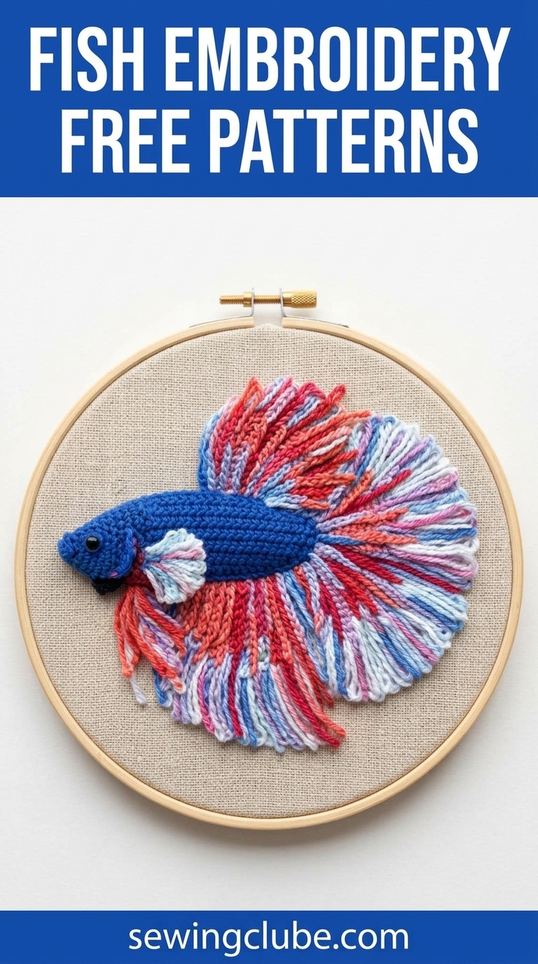 Betta fish needlework hoop art featuring textured yarn tail details