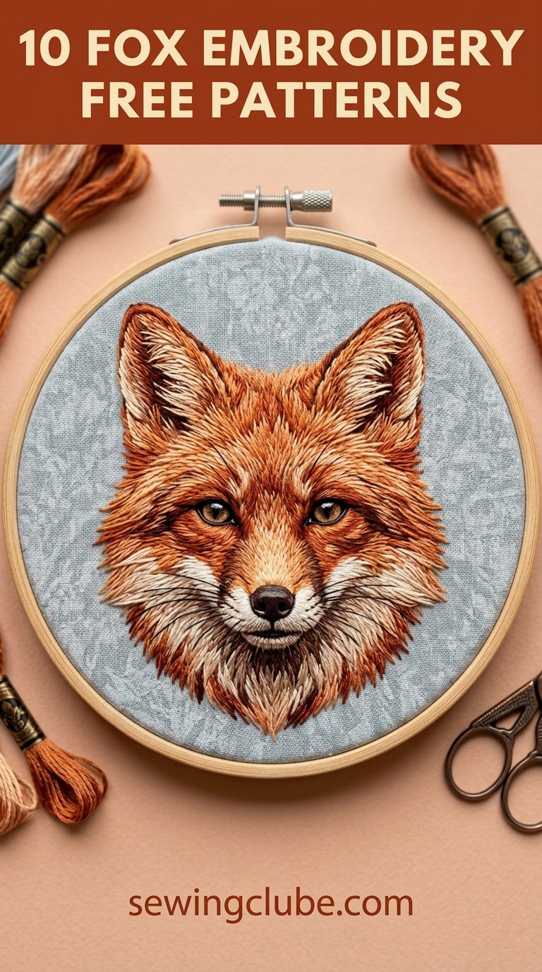 Forest fox needlework portrait on blue fabric for nature lovers