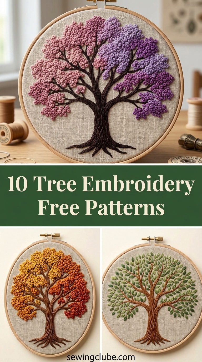 French knot tree embroidery tutorial showcasing colorful seasonal foliage