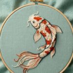 Japanese koi fish embroidery thread art with flowing orange scales