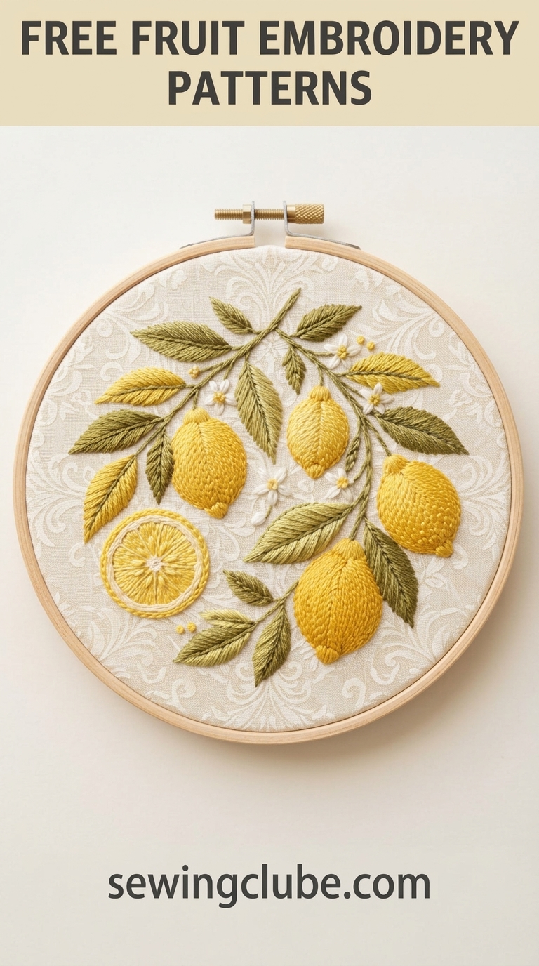 Lemon fruit embroidery hoop designs with vibrant aesthetic citrus vibes