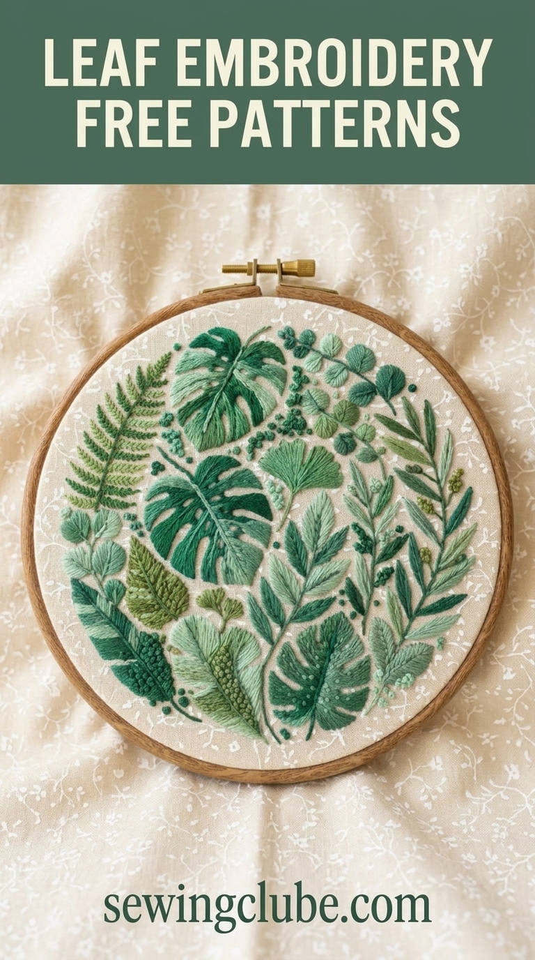 Lush green fern foliage needlework inspo on neutral linen fabric