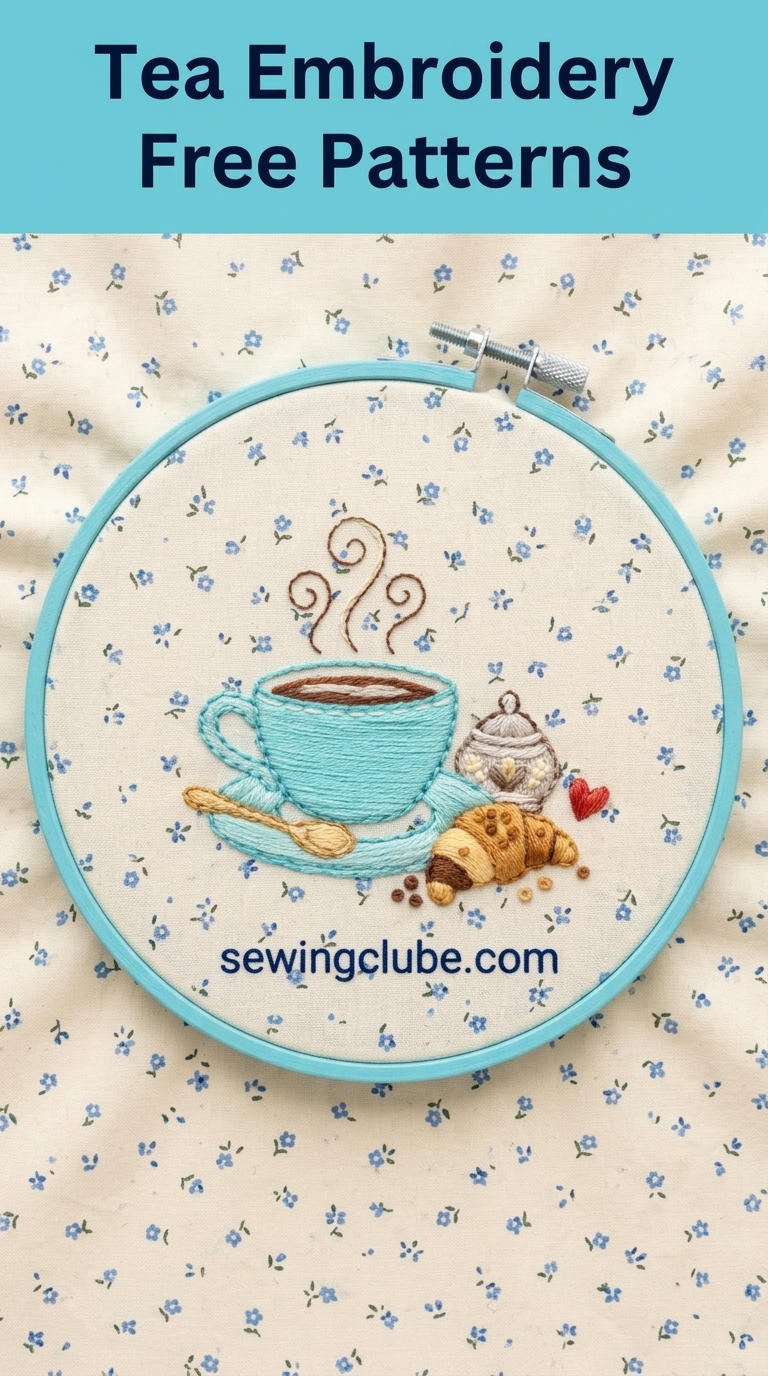 Morning coffee cup embroidery ideas on cute floral fabric backgrounds