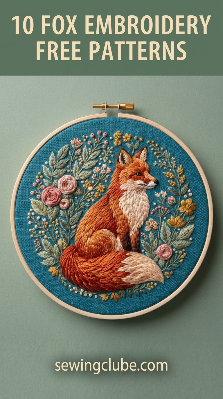 Seated woodland fox needlepoint art framed by autumn floral wreaths